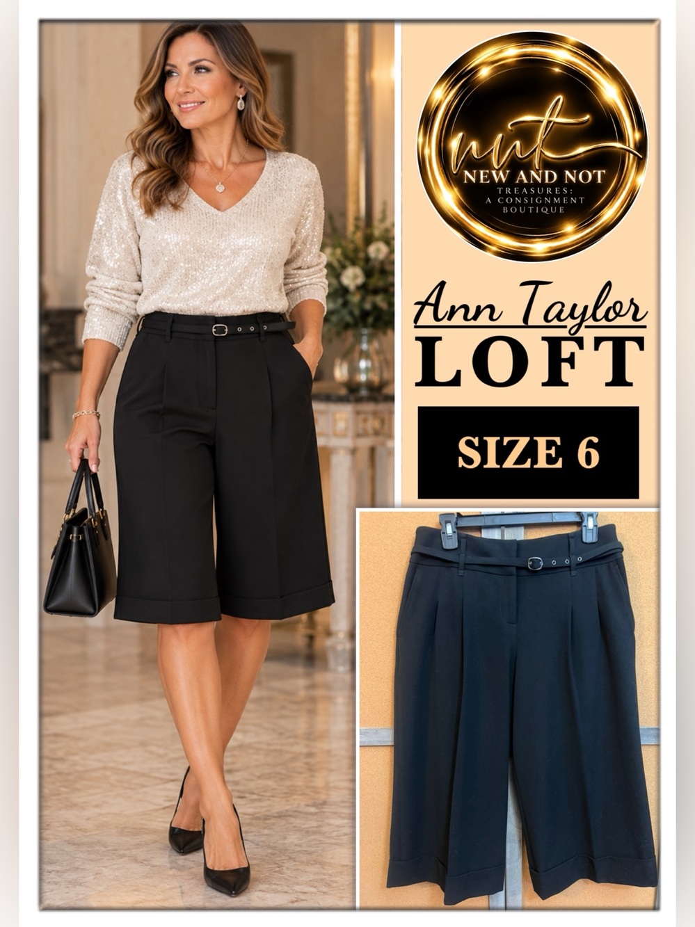LOFT Black High-Waist Wide-Leg Midi Skirt-Style Shorts